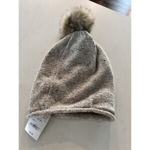 Madewell Beanie Faux Fur Pom Pom Ashen Sand Slouchy Rolled Edge J.Crew NWT
